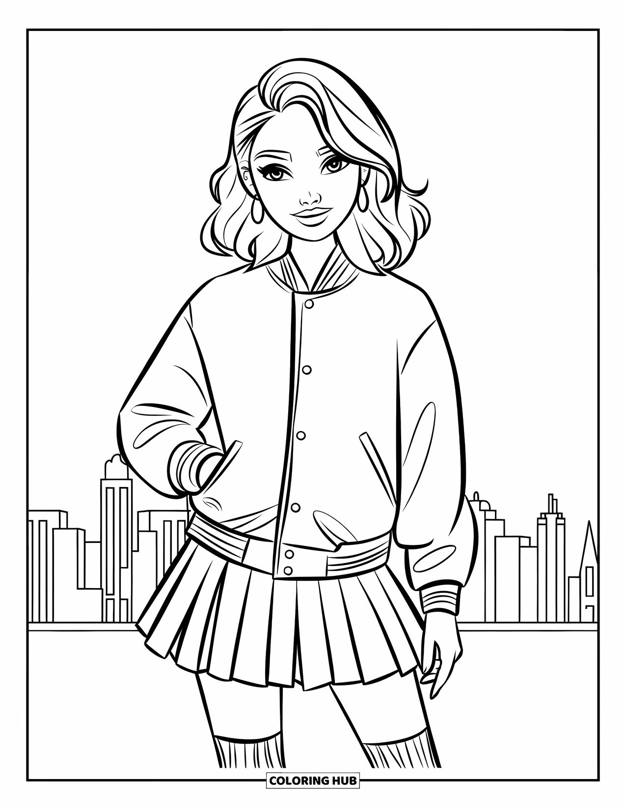 Girl Fashion Coloring Page for Kids: A stylish teen in a varsity jacket and skirt stands against a city skyline with modern vibes