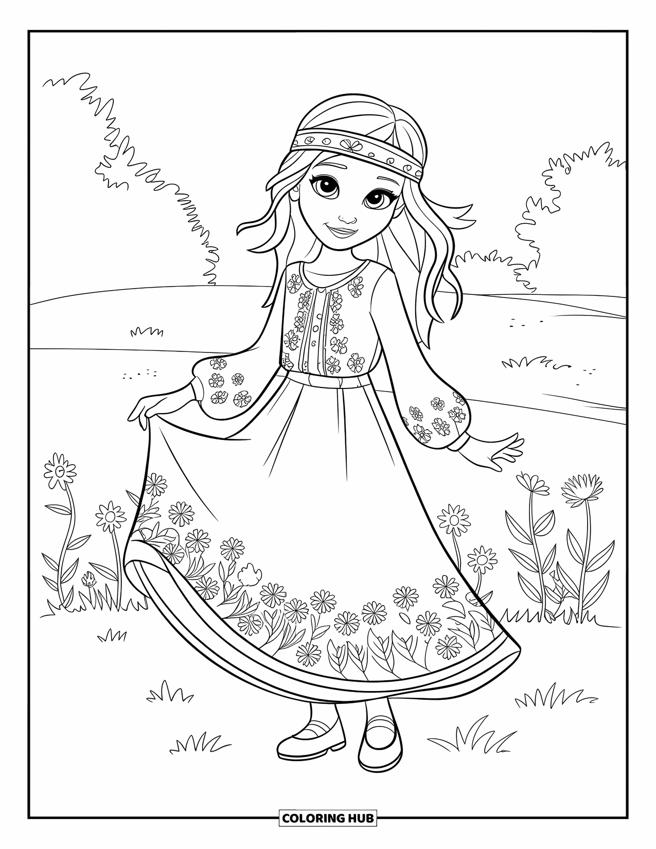 Girl Fashion Coloring Page for Kids: A stylish young woman in a boho dress and accessories enjoys a warm, sunny atmosphere