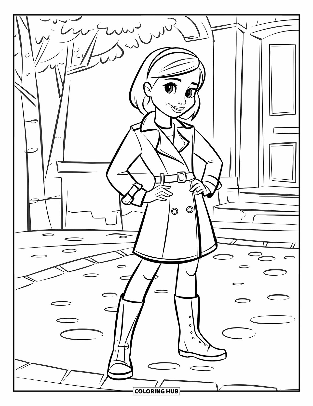 Girl Fashion Coloring Page for Kids: A stylish young woman in a modern coat and accessories showcases confidence in an elegant pose