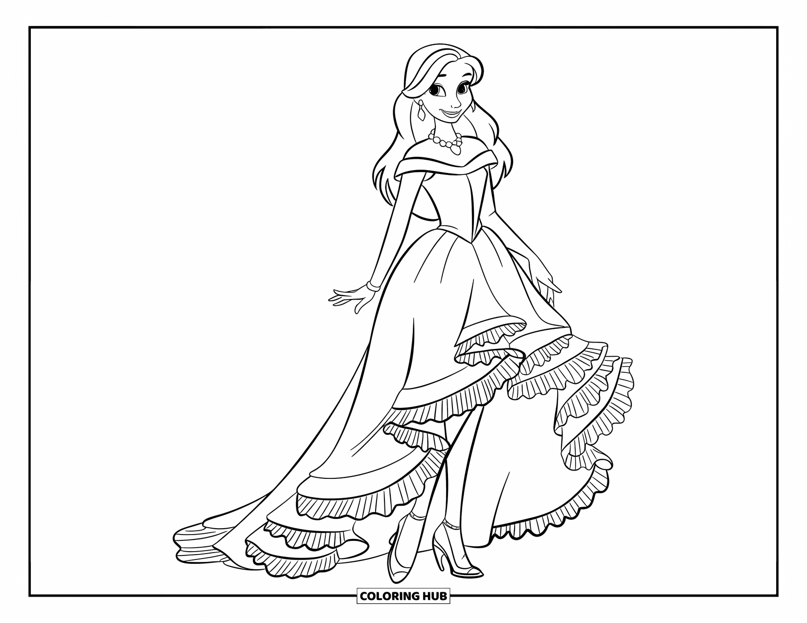 Girl Fashion Coloring Page for Kids: A stylish young woman in a ruffled gown stands elegantly, showcasing a timeless and refined look