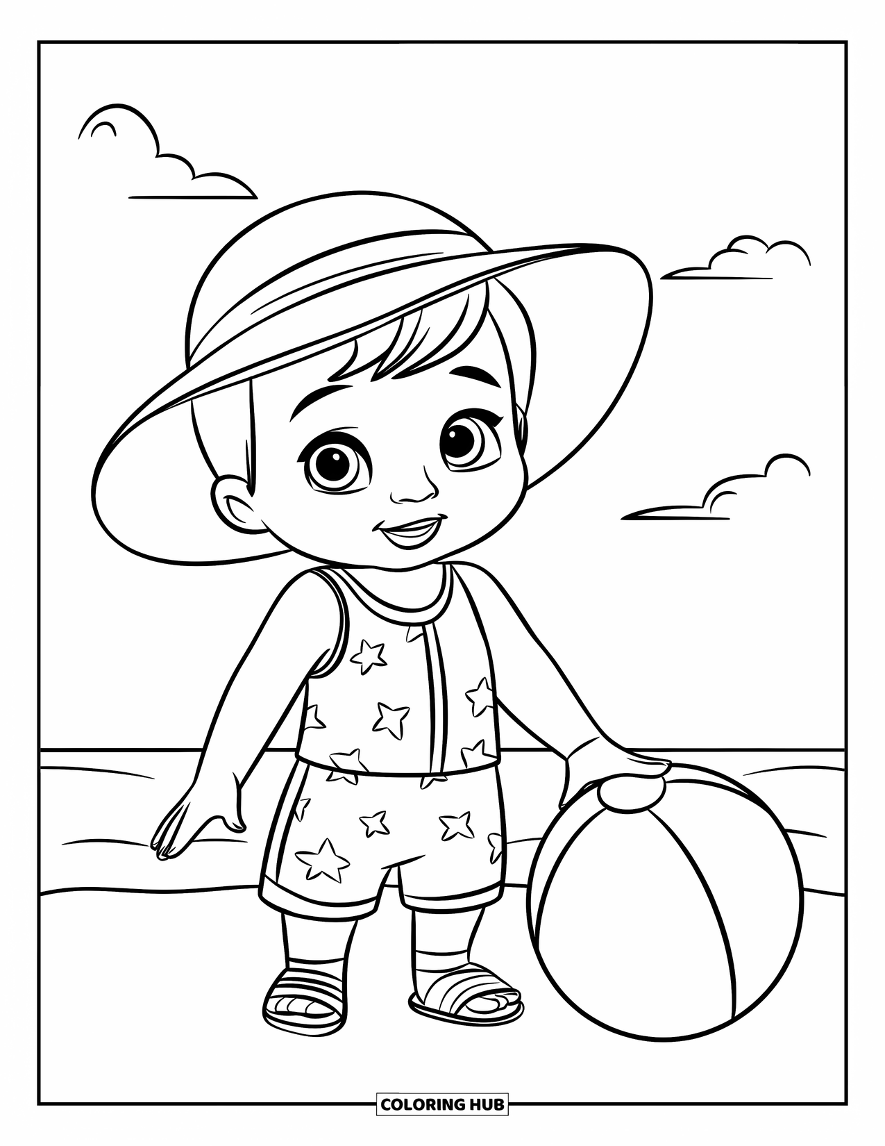 Girl Fashion Coloring Page for Kids: A toddler in a beach outfit with a sun hat and sandals stands playfully by a beach ball