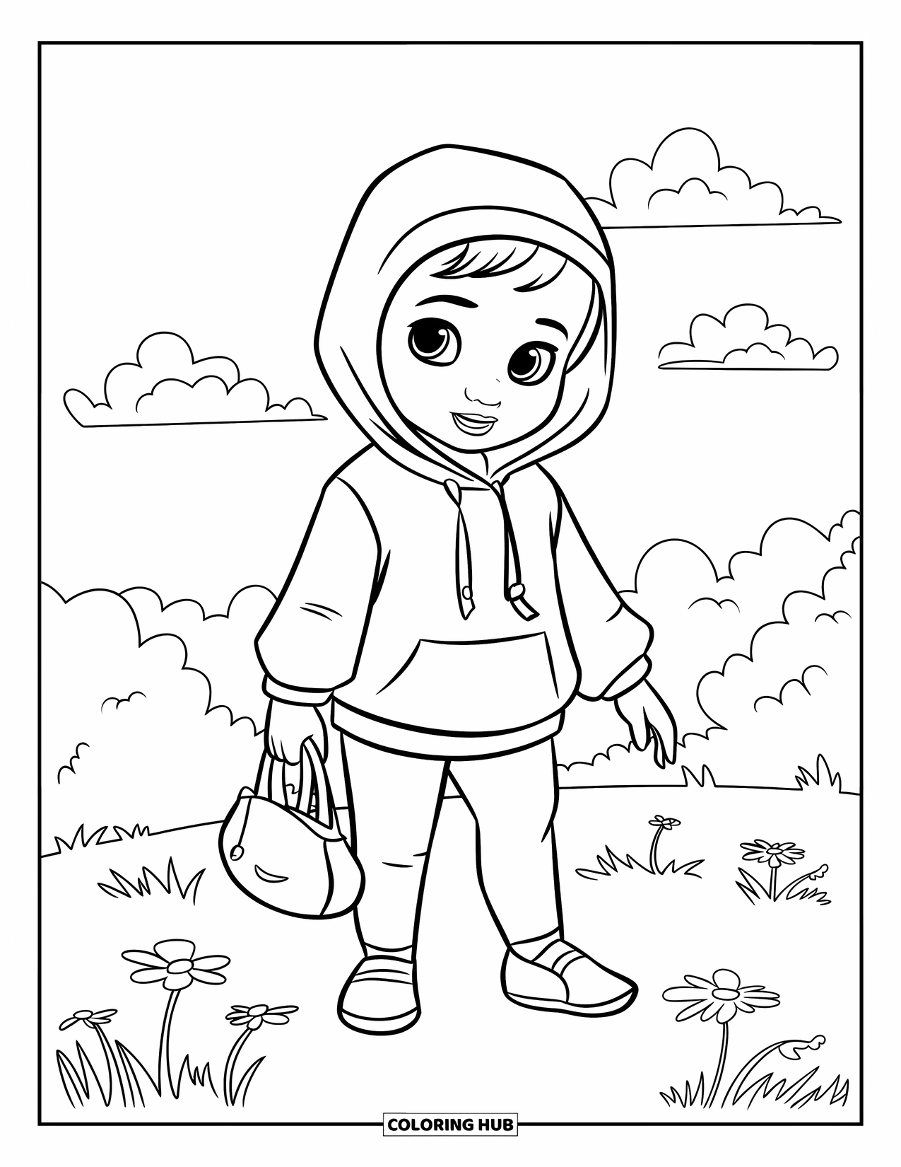 Girl Fashion Coloring Page for Kids: A toddler in a hoodie and leggings holds a small handbag while exploring a grassy field