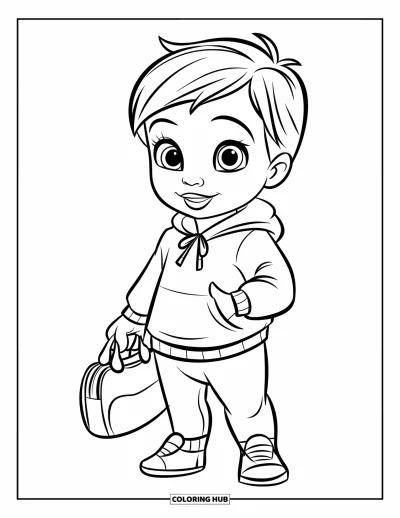 Dibujo de moda para niñas para colorear: Una niña pequeña con una sudadera con capucha y leggings está feliz, lista para una aventura divertida al aire libre