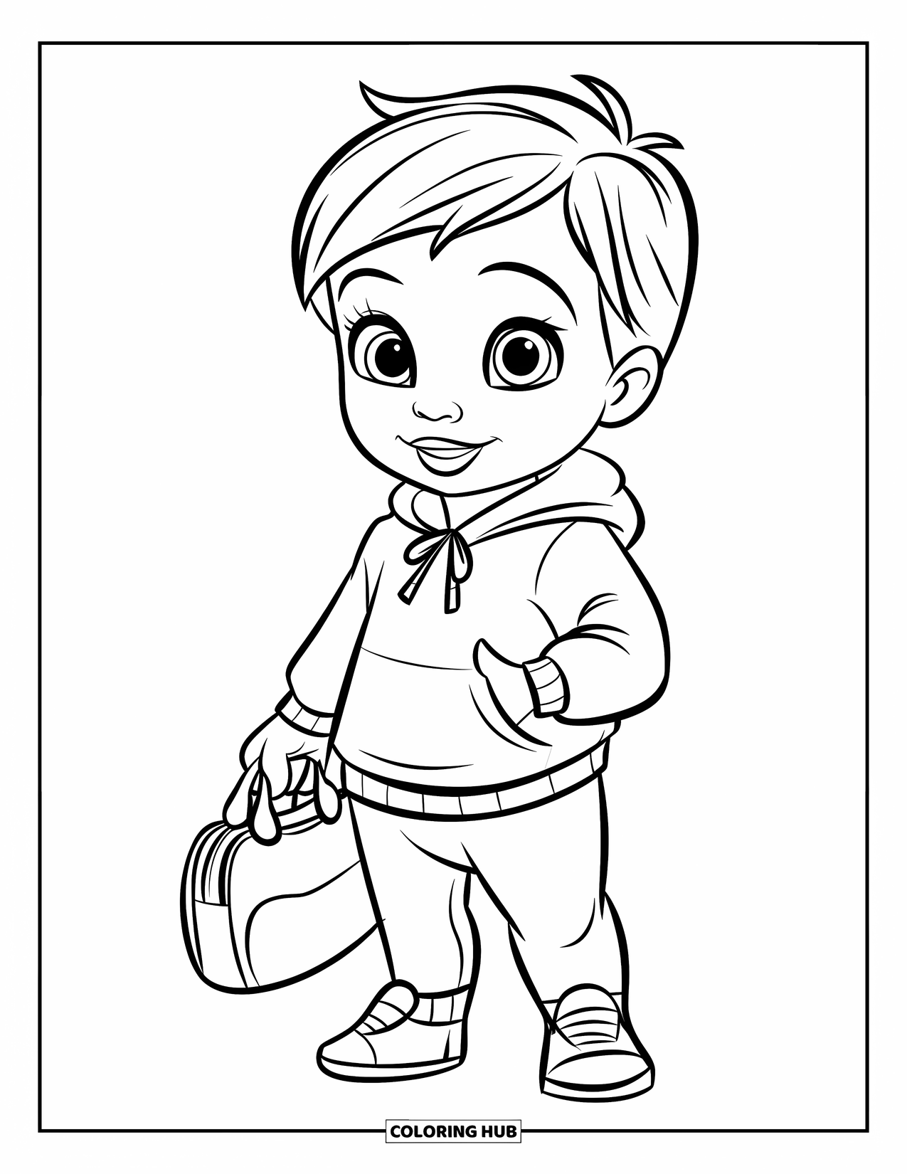 Girl Fashion Coloring Page for Kids: A toddler in a hoodie and leggings stands happily, ready for a fun adventure outdoors