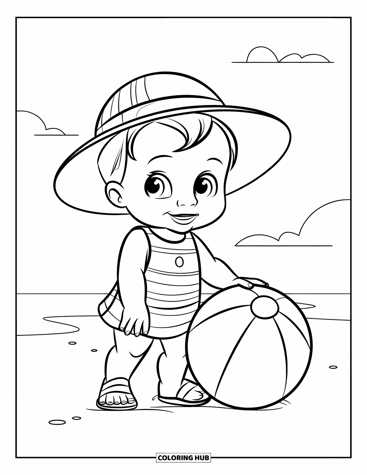 Girl Fashion Coloring Page for Kids: A toddler in a sun hat and sandals enjoys the warm breeze and ocean waves nearby