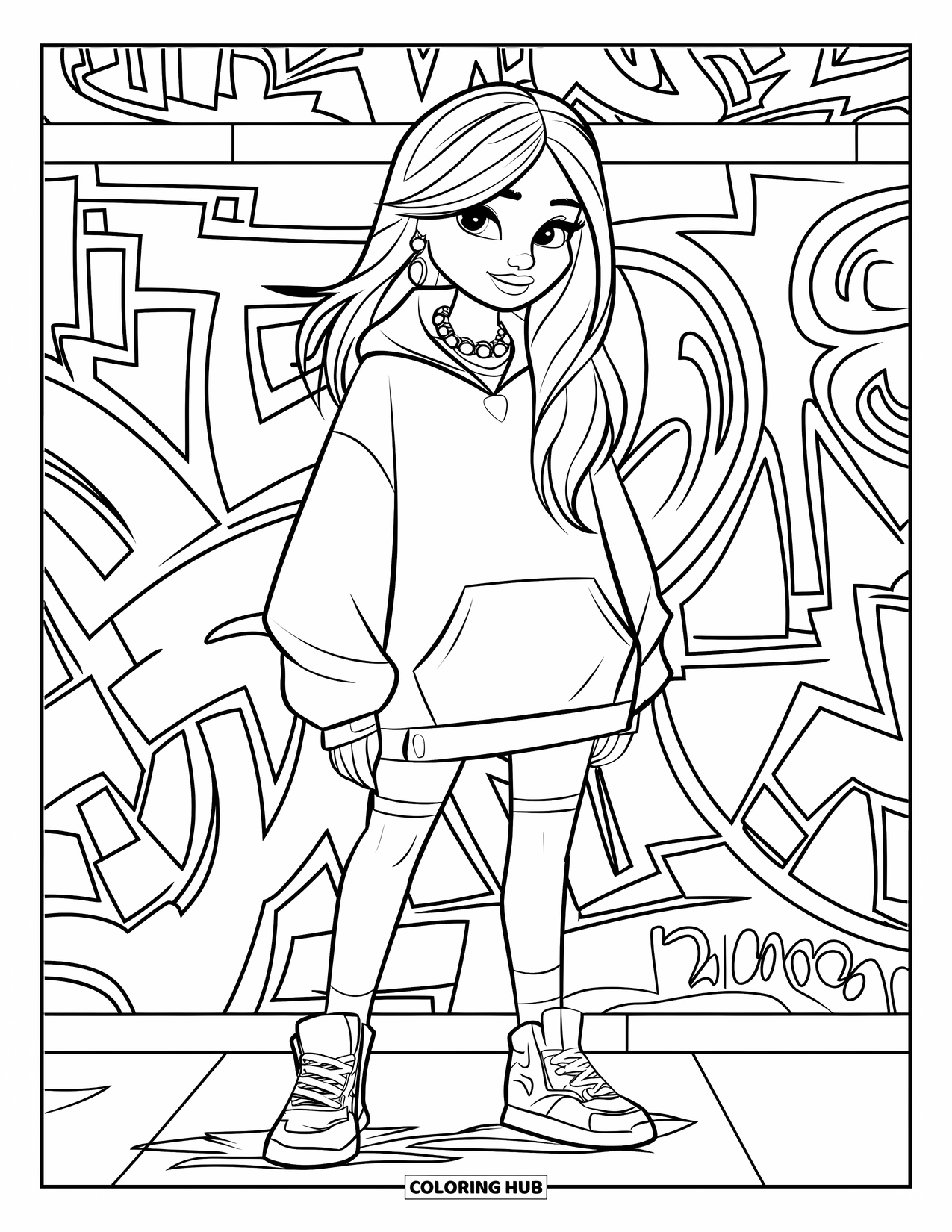 Girl Fashion Coloring Page for Kids: A trendy girl in an oversized hoodie and sneakers leans against a graffiti-covered wall