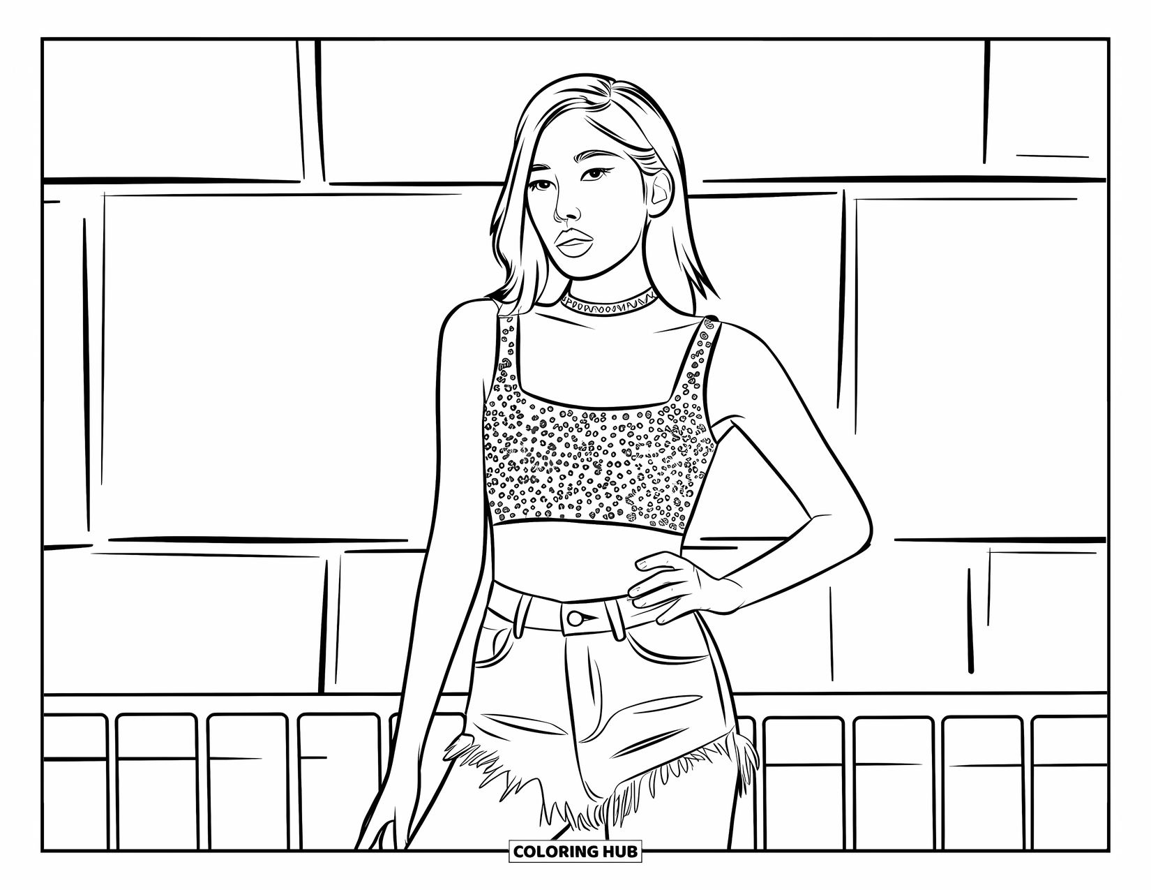Girl Fashion Coloring Page for Kids: A trendy girl wears a glittery crop top and shorts, standing against a clean, minimalist background