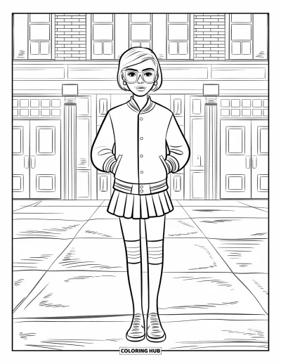 Dibujo de moda para niñas para colorear: Una adolescente a la moda con un atuendo inspirado en la escuela posa con confianza frente a un edificio de ladrillo