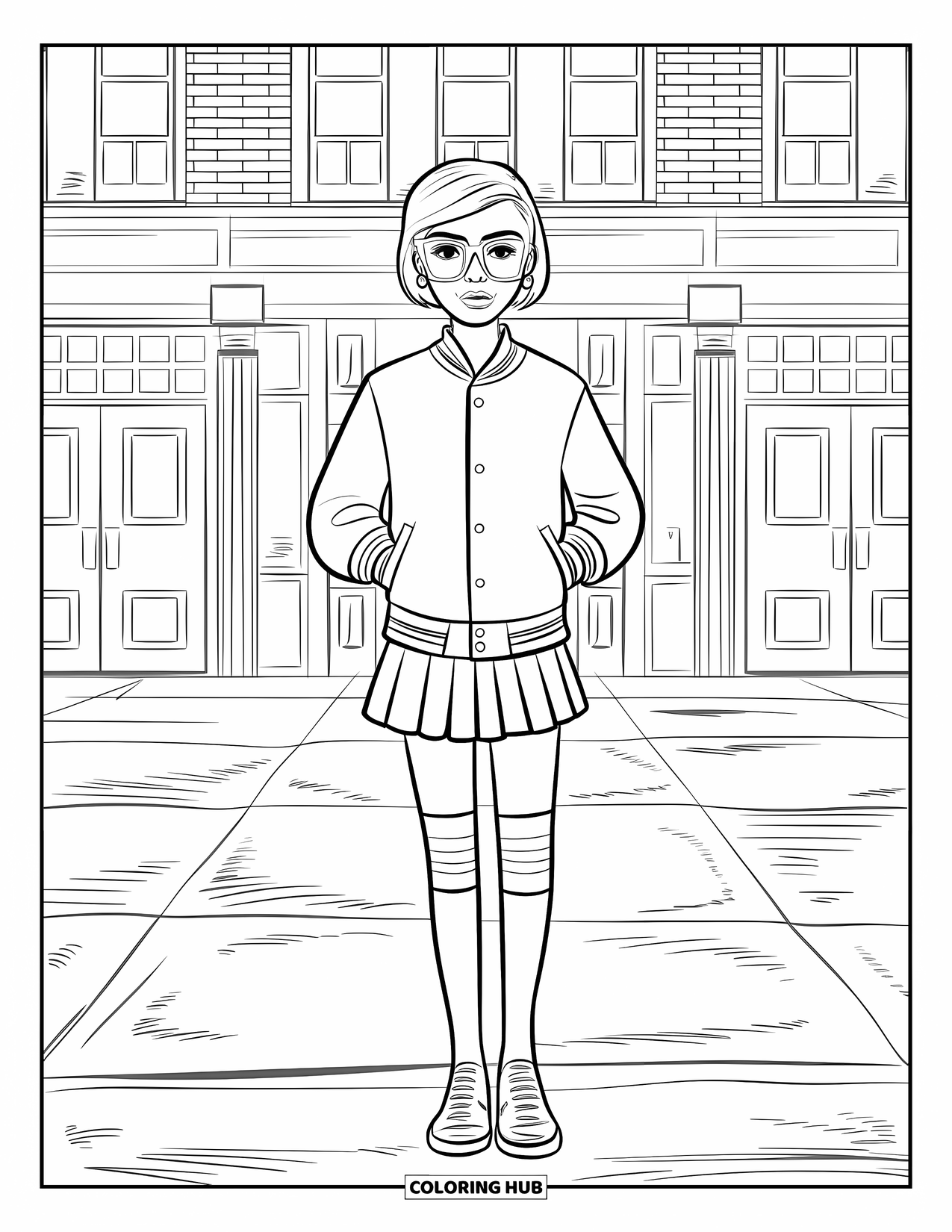 Girl Fashion Coloring Page for Kids: A trendy teen in a school-inspired outfit confidently poses in front of a brick building