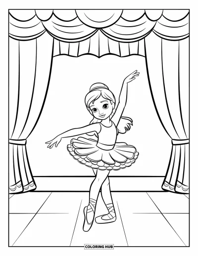 Dibujo de moda para niñas para colorear: Una joven bailarina en formación gira felizmente en un entorno encantador con elementos de danza elegantes