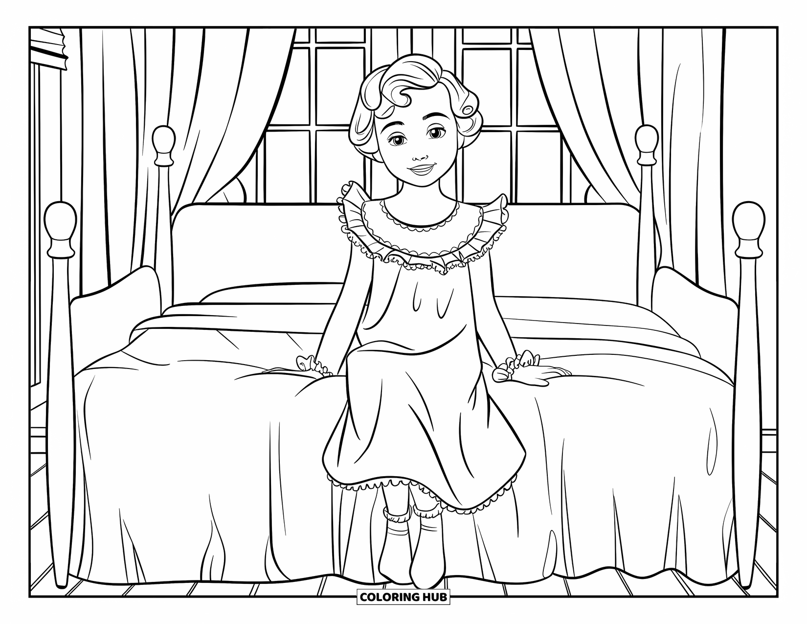 Girl Fashion Coloring Page for Kids: A young girl in a delicate nightgown enjoys a tranquil moment in a beautifully detailed space