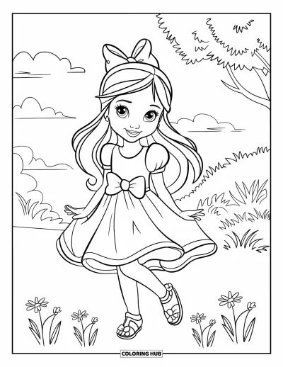 Dibujo de moda para niñas para colorear: Una joven con un vestido fluido y sandalias disfruta de un momento tranquilo rodeada de flores