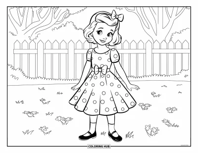 Dibujo de moda para niñas para colorear: Una joven con un vestido de lunares y un lazo gira felizmente con un aspecto de inspiración vintage