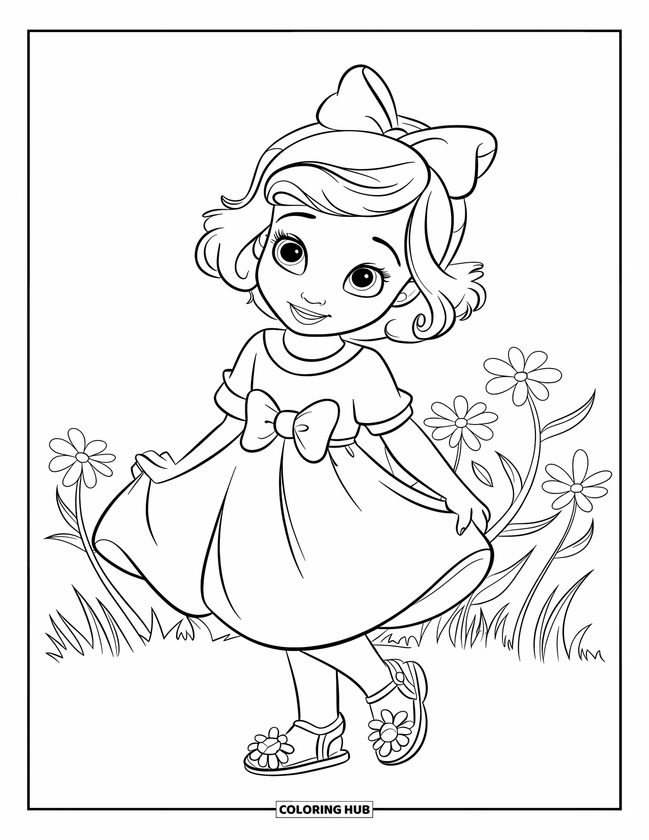 Girl Fashion Coloring Page for Kids: A young girl in a summer dress with a big bow and sandals enjoys a bright, sunny day