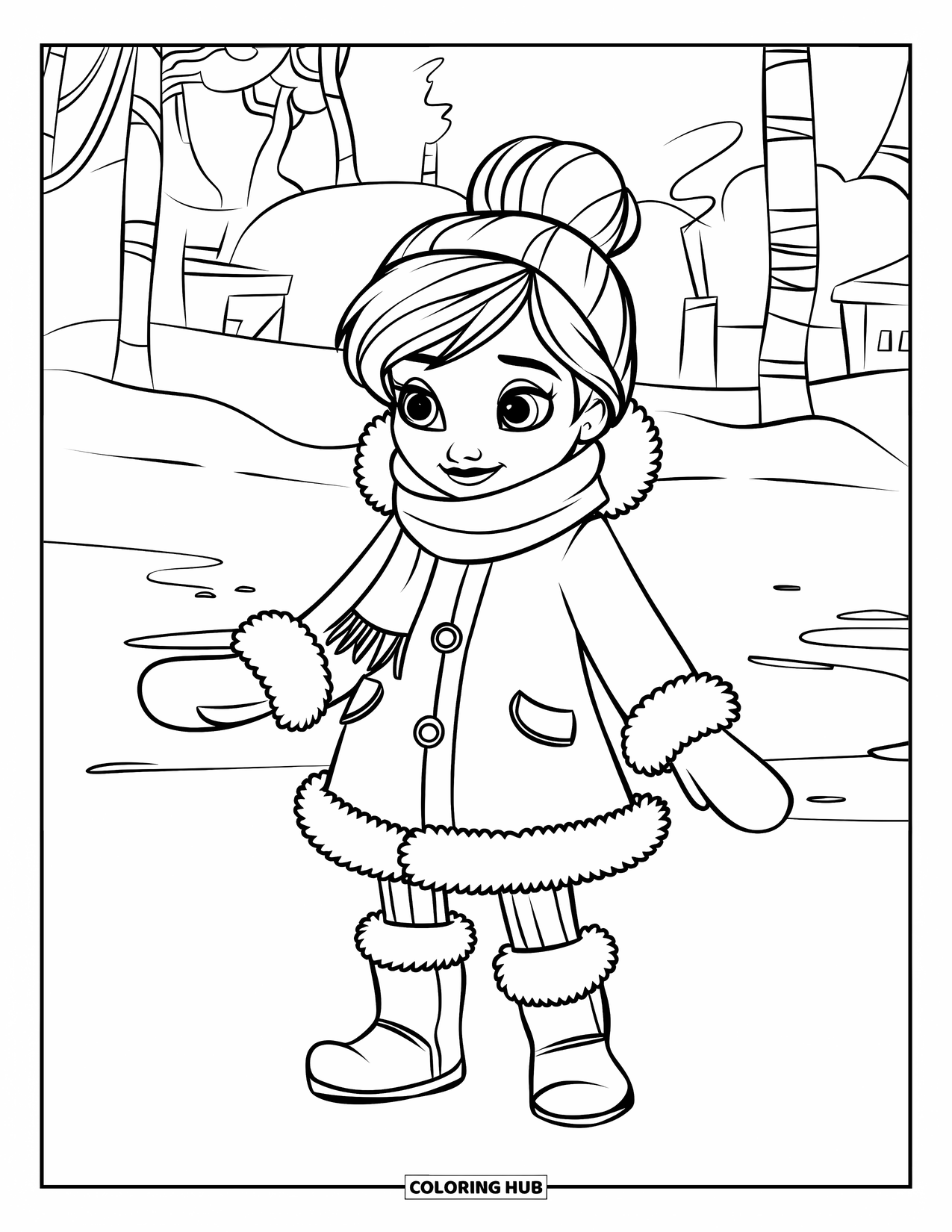 Girl Fashion Coloring Page for Kids: A young girl in a winter outfit happily enjoys a crisp, fresh snowfall in a scenic background