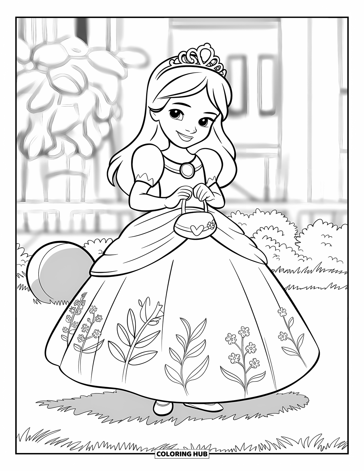 Girl Fashion Coloring Page for Kids: A young princess in a stylish gown enjoys a regal moment in a beautiful and elegant setting