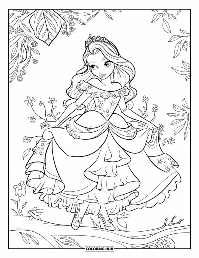 Dibujo de moda para niñas para colorear: Una joven con un elegante vestido de noche posa frente a un entorno bellamente detallado