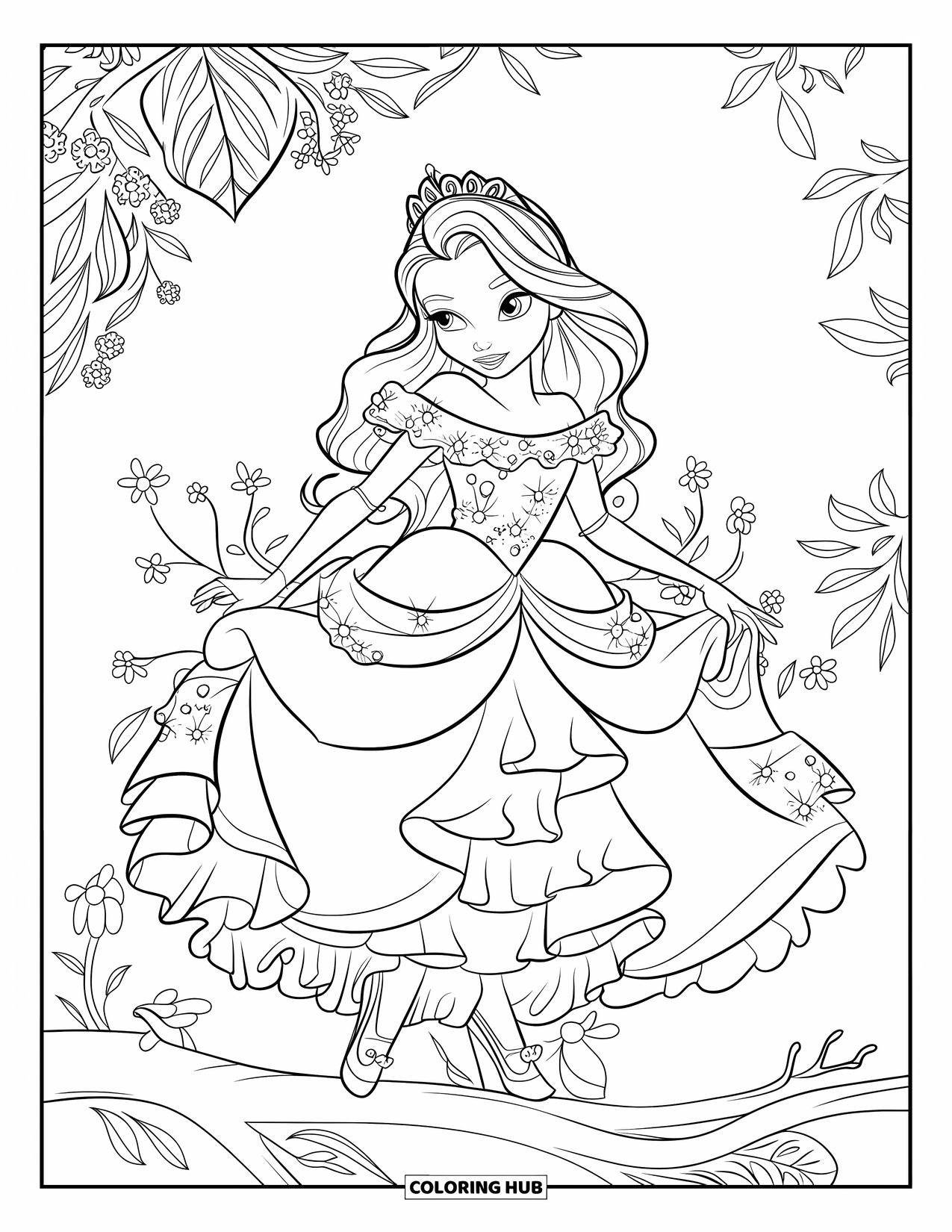 Girl Fashion Coloring Page for Kids: A young woman in a stylish evening gown poses in front of a beautifully detailed environment
