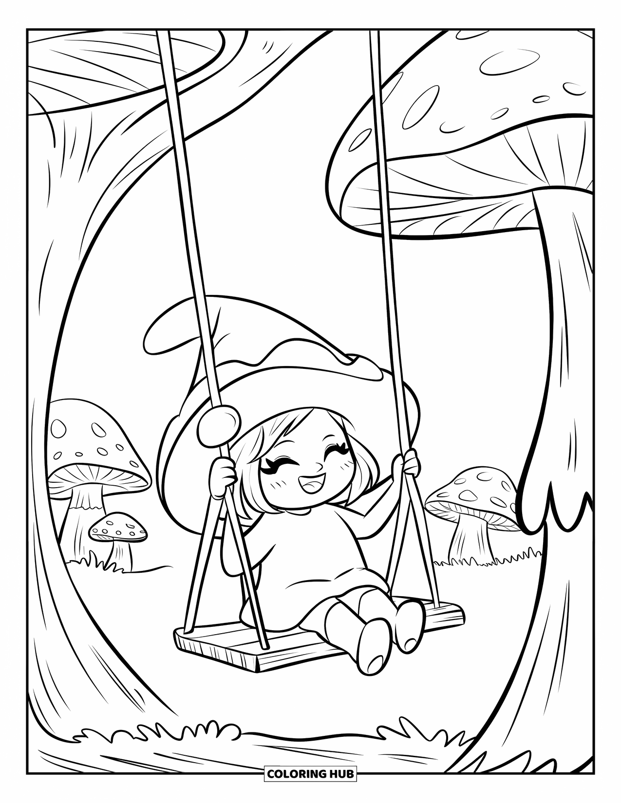 Girl Gnome Coloring Page for Adults: A cheerful gnome girl enjoys a wooden swing hanging beneath a towering mushroom