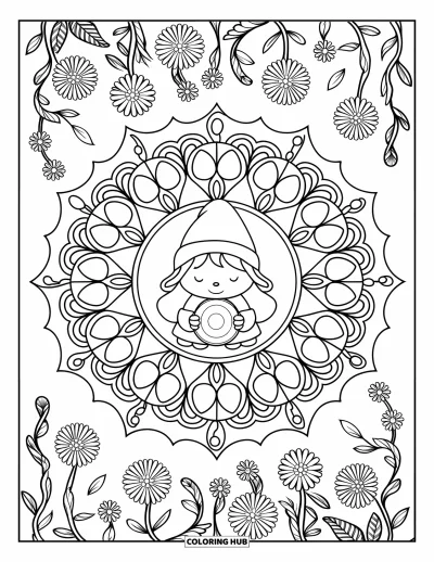 Tegning af pigenisser til voksne: En blomstermandala omgiver en nisepige, der holder en skrøbelig glødende kugle