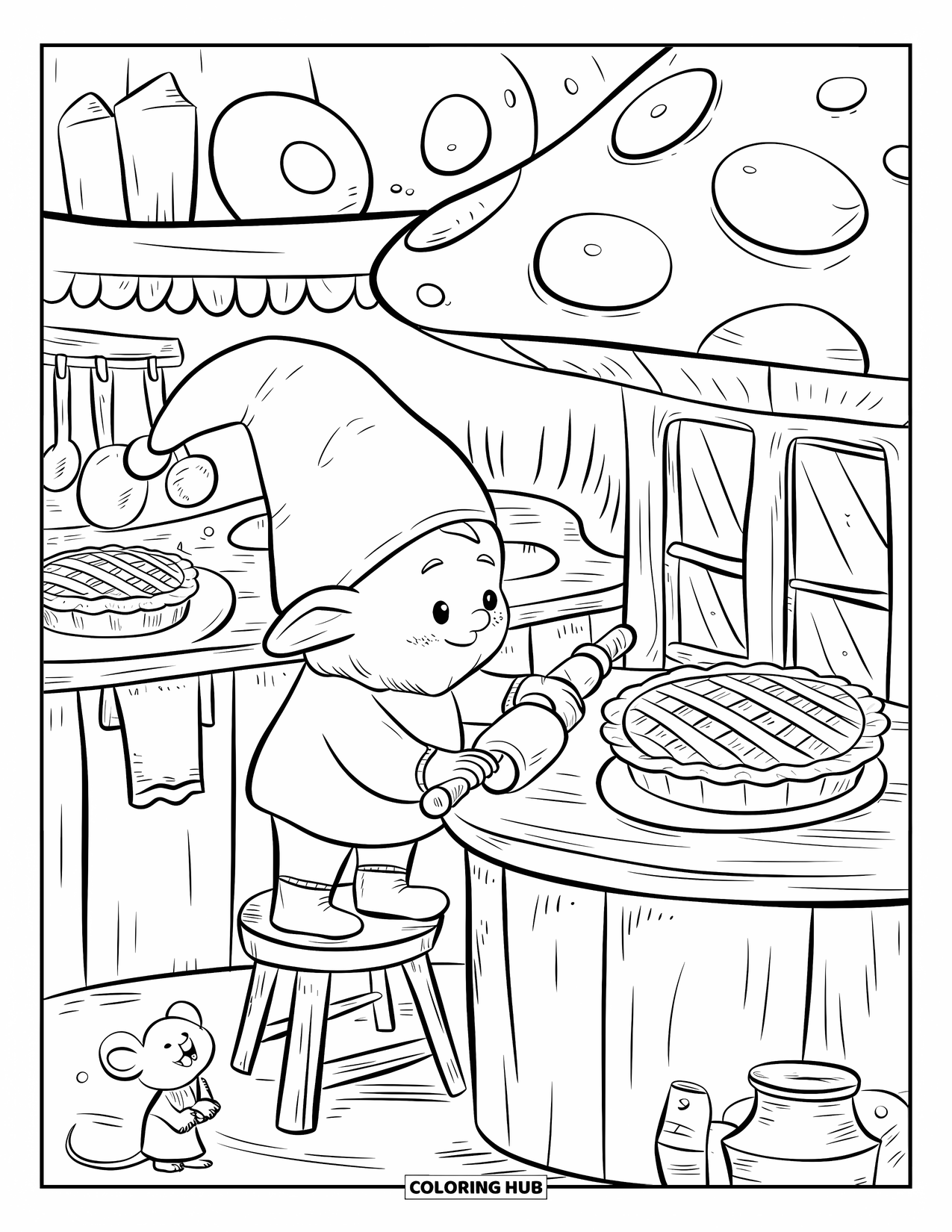 Girl Gnome Coloring Page for Adults: A gnome girl bakes in a rustic kitchen, with a pie cooling on the windowsill