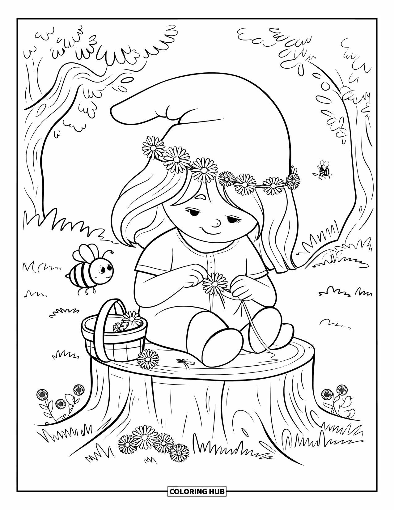 Girl Gnome Coloring Page for Adults: A gnome girl carefully crafts a flower crown as a bumblebee buzzes nearby