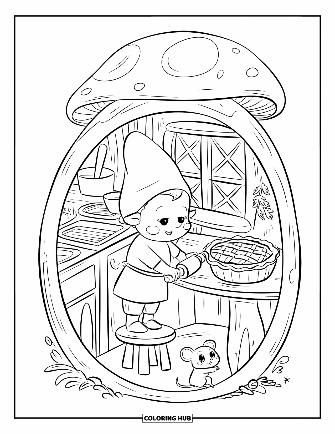 Girl Gnome Coloring Page for Adults: A gnome girl carefully prepares dough while a tiny mouse watches eagerly