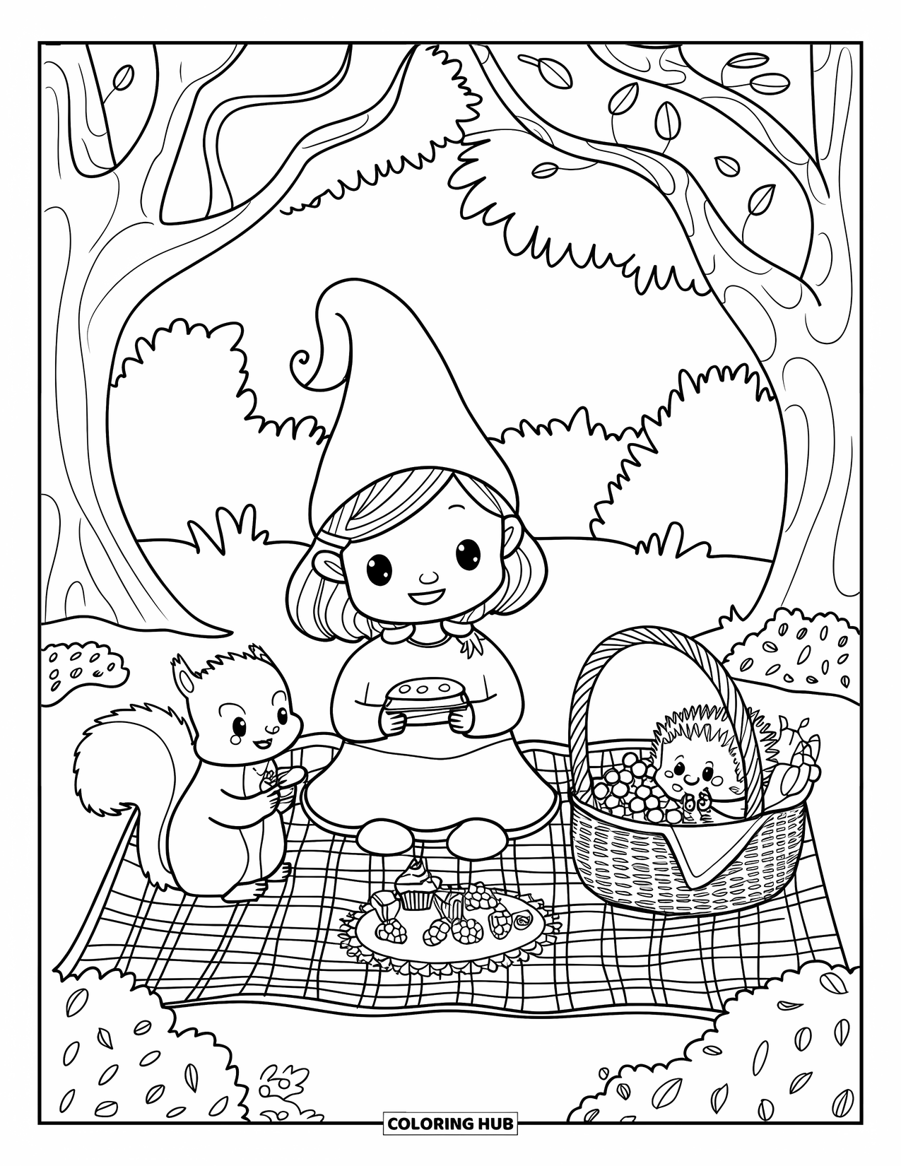 Girl Gnome Coloring Page for Adults: A gnome girl enjoys a cozy picnic with a squirrel and a hedgehog in the forest