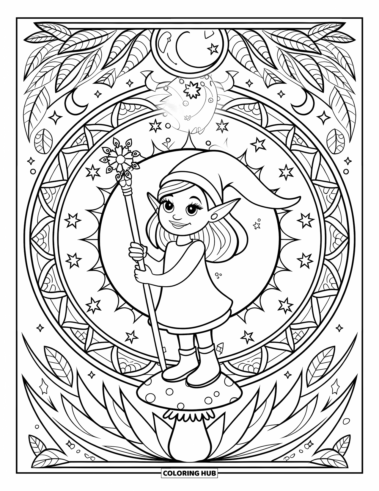 Girl Gnome Coloring Page for Adults: A gnome girl on a mushroom holds a staff, surrounded by swirling mandala designs