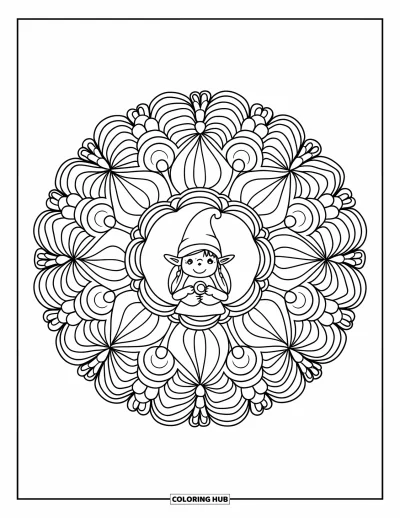Tegning af pigenisser til voksne: En nisepige sidder i midten af en blomstermandala og holder et glødende lys