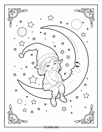 Tegning af pigenisser til voksne: En nisepige sidder på en halvmåne og ser på en himmel fuld af twinkling stjerner