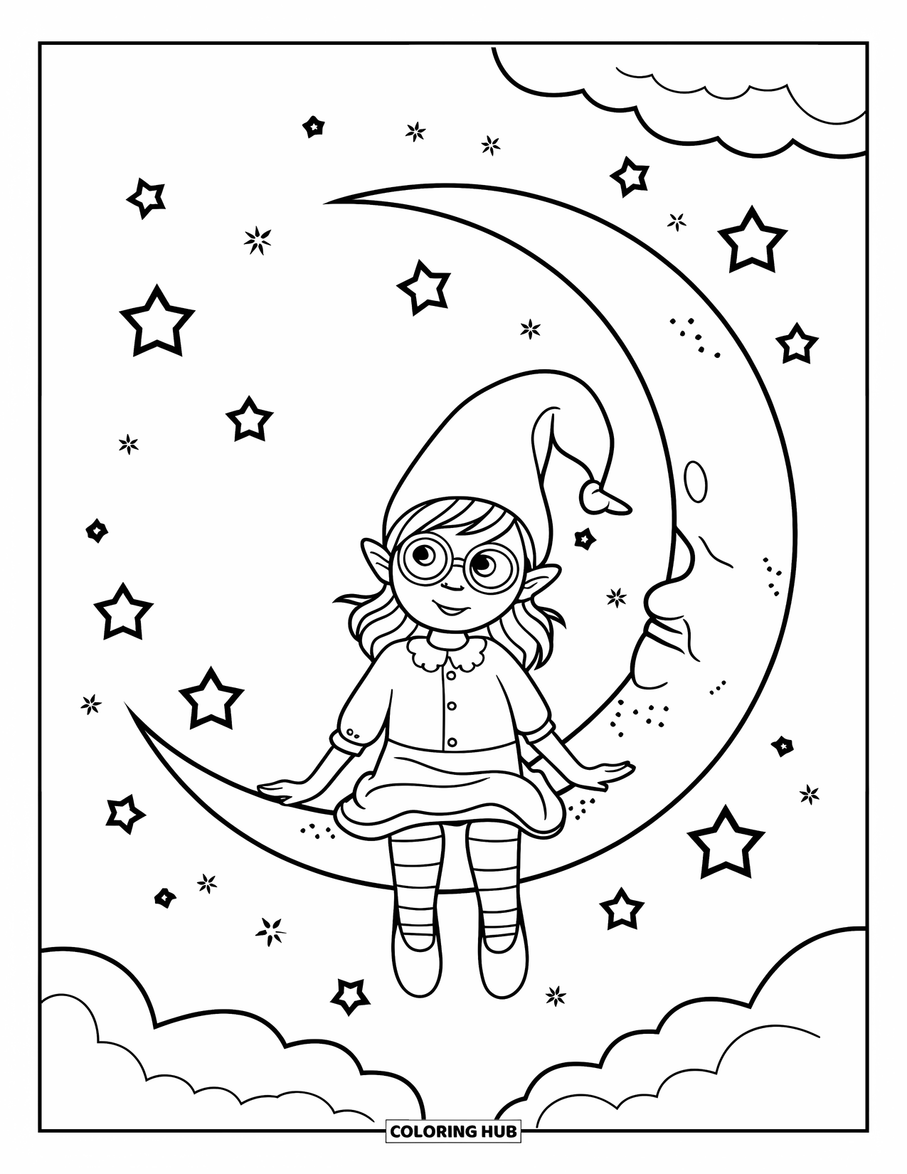 Girl Gnome Coloring Page for Adults: A gnome girl sits on the moon, surrounded by floating clouds and distant castles