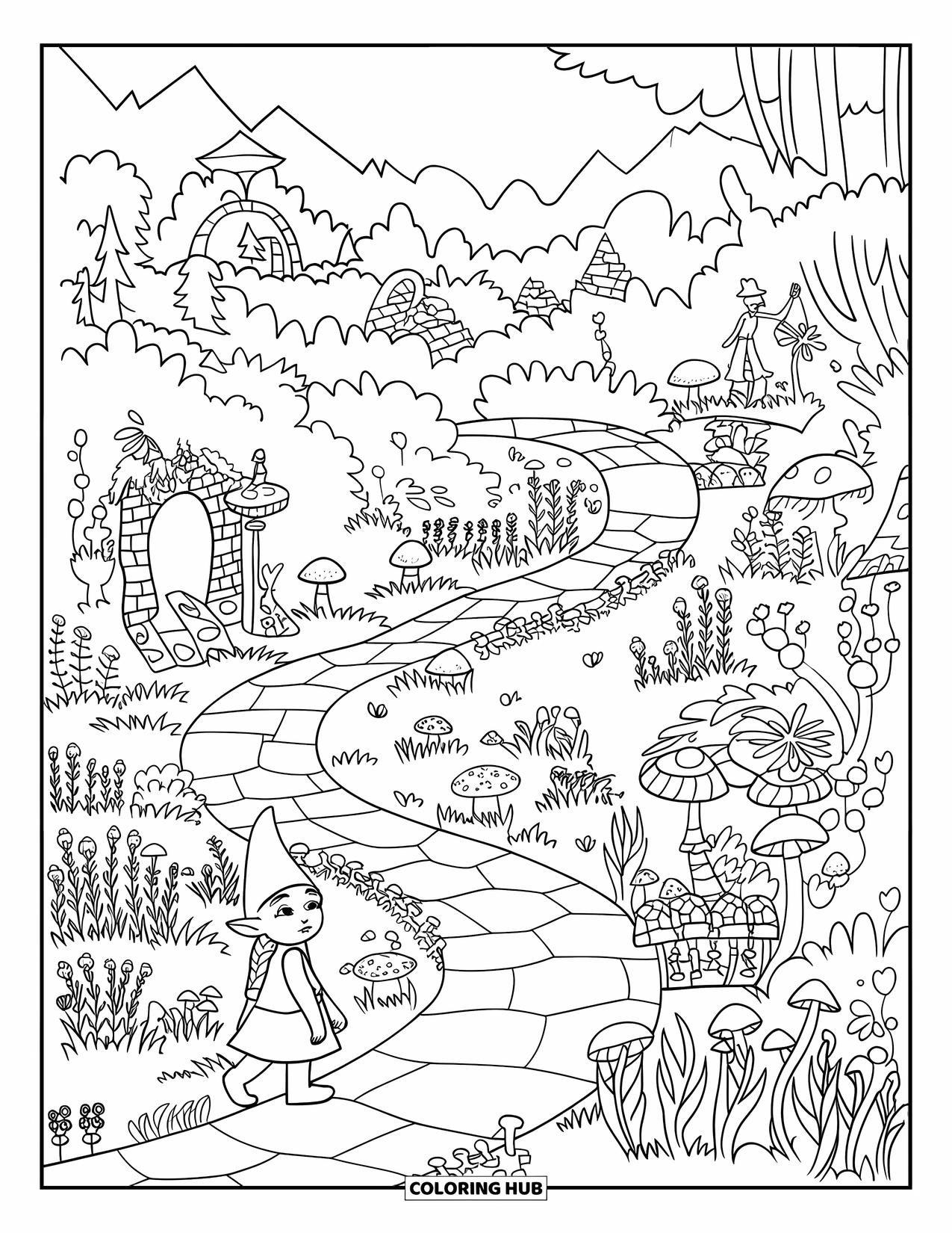 Girl Gnome Coloring Page for Adults: A gnome girl wanders through an enchanted garden with stone statues and ancient trees