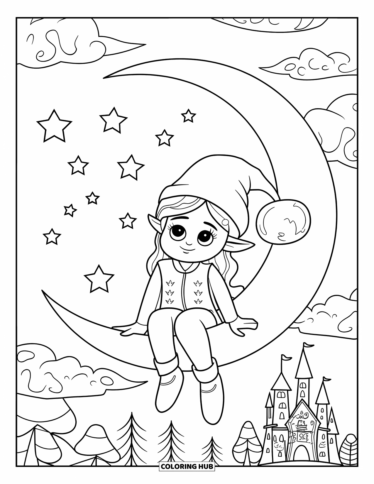 Girl Gnome Coloring Page for Adults: A gnome girl with glasses rests on a crescent moon, admiring the dreamy night sky