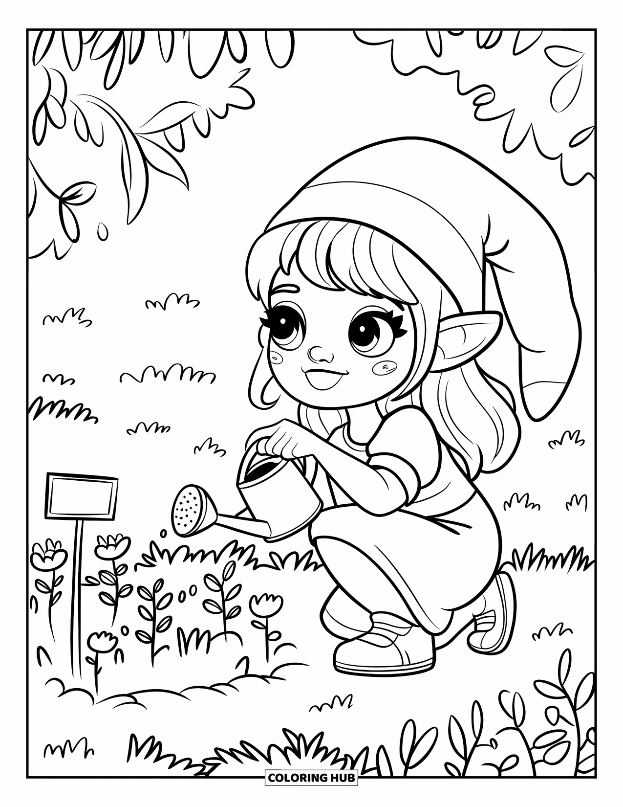 Girl Gnome Coloring Page for Adults: A happy gnome girl waters tiny sprouts in a flower bed with a miniature watering can