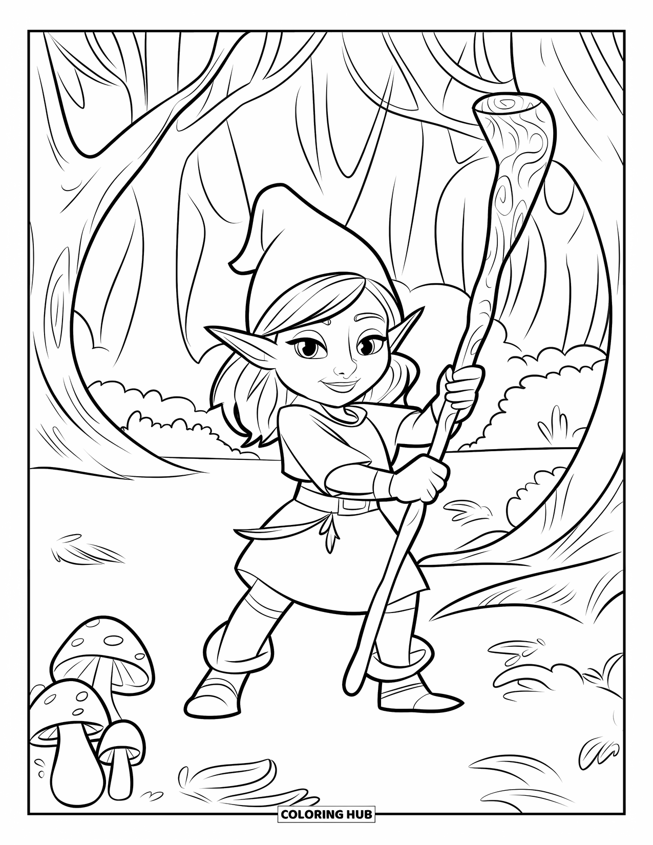 Girl Gnome Coloring Page for Kids: A confident gnome girl holds a wooden staff, standing guard in a mystical forest