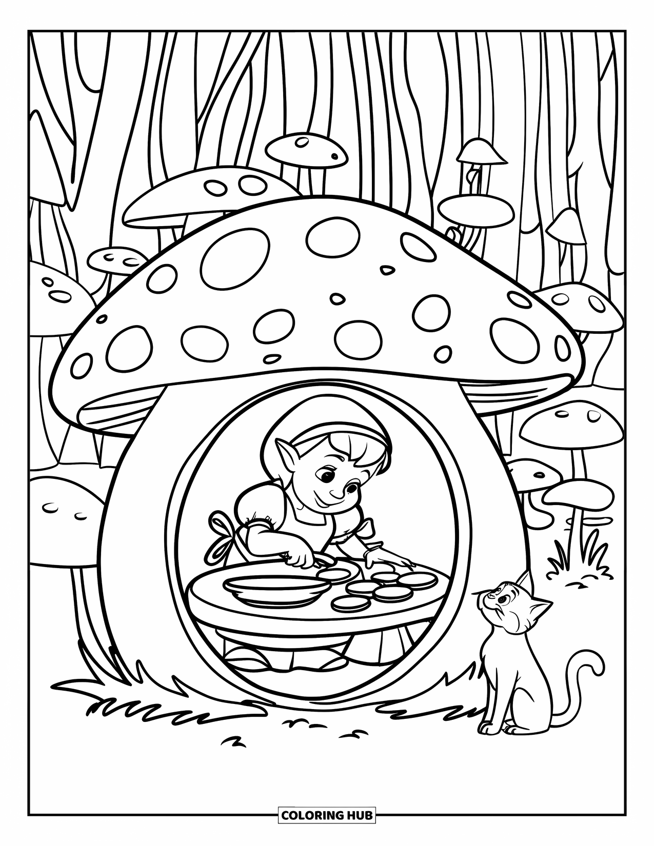 Girl Gnome Coloring Page for Kids: A gnome girl bakes tiny cookies inside a cozy mushroom-shaped house
