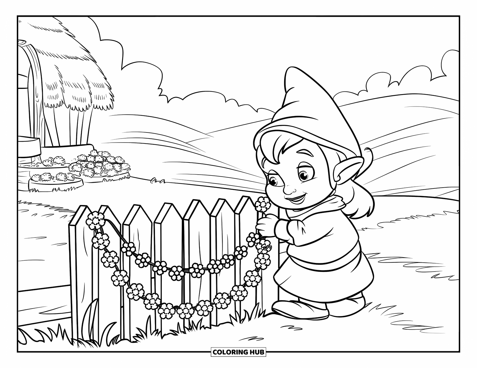 Girl Gnome Coloring Page for Kids: A gnome girl carefully places floral garlands on a fence near a quaint cottage