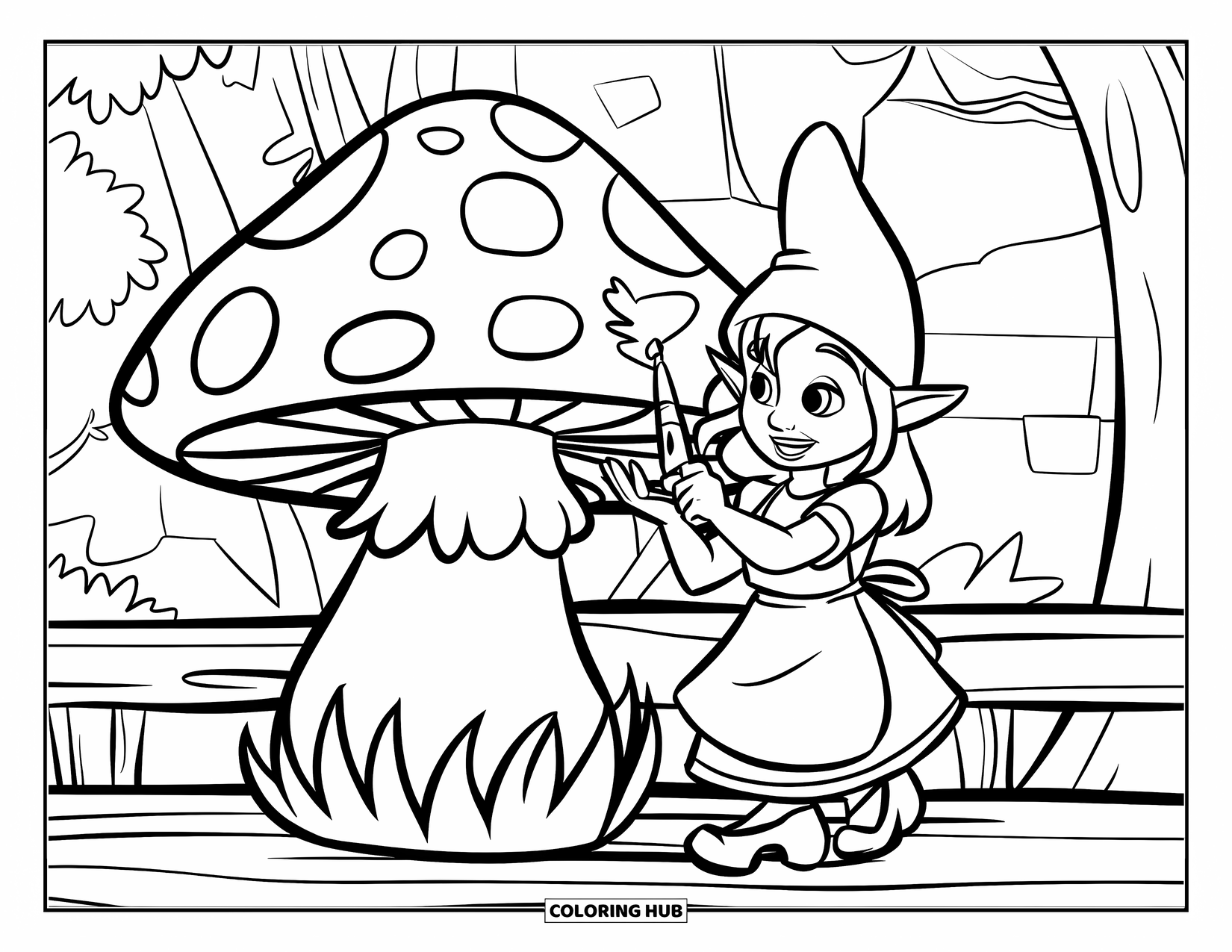 Girl Gnome Coloring Page for Kids: A gnome girl decorates a giant mushroom while standing on a wooden platform