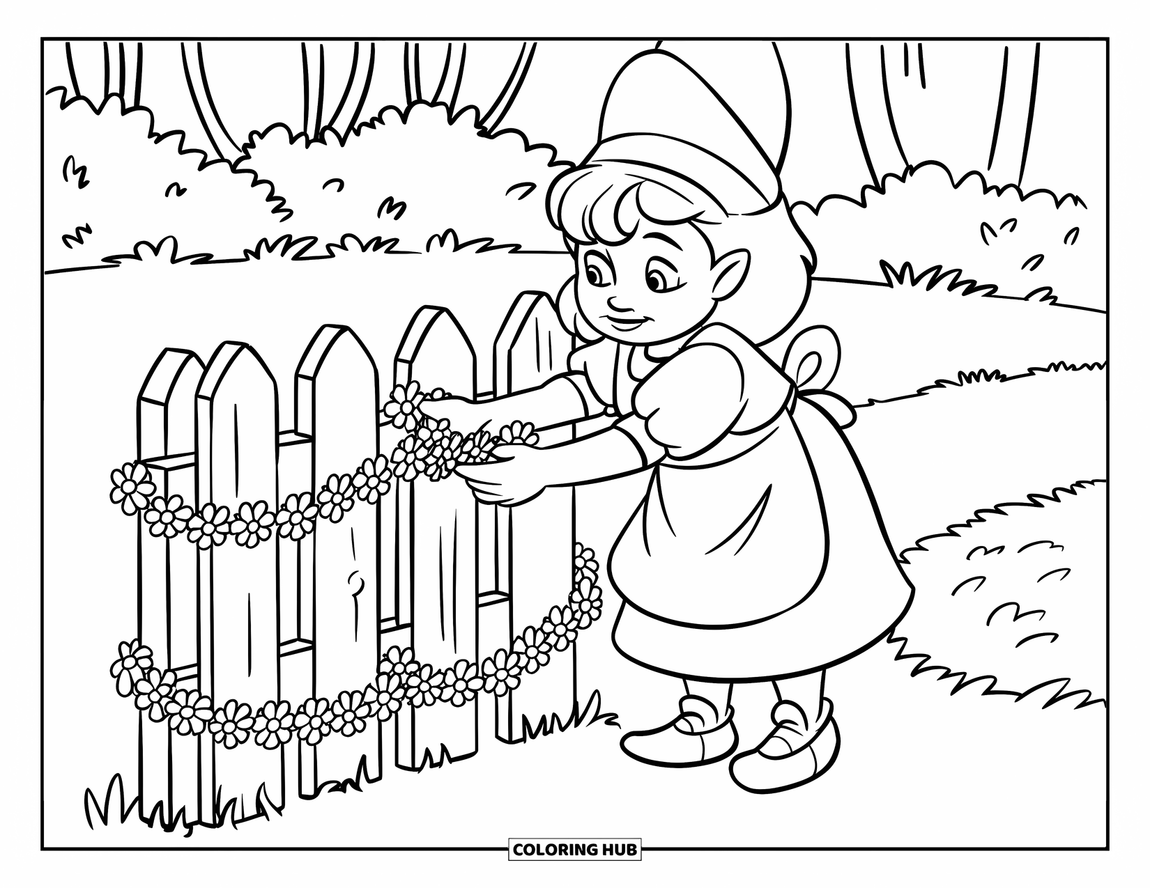 Girl Gnome Coloring Page for Kids: A gnome girl decorates a tiny wooden fence with garlands of fresh flowers