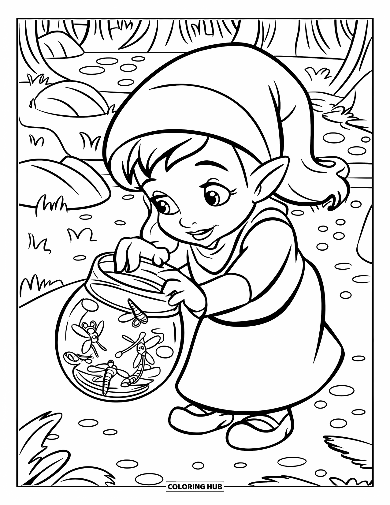 Girl Gnome Coloring Page for Kids: A gnome girl gathers fireflies near a winding path, surrounded by towering trees