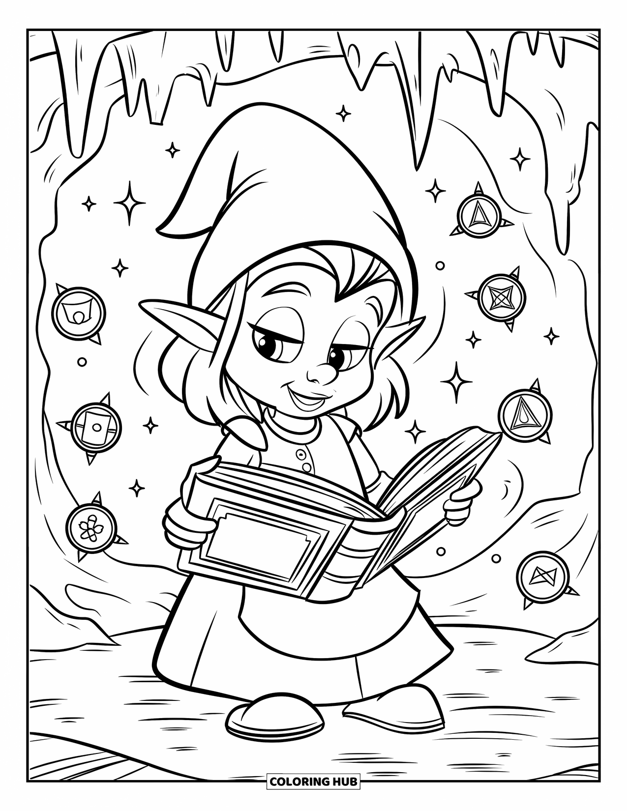 Girl Gnome Coloring Page for Kids: A gnome girl in a cave reads an ancient book as glowing runes float nearby