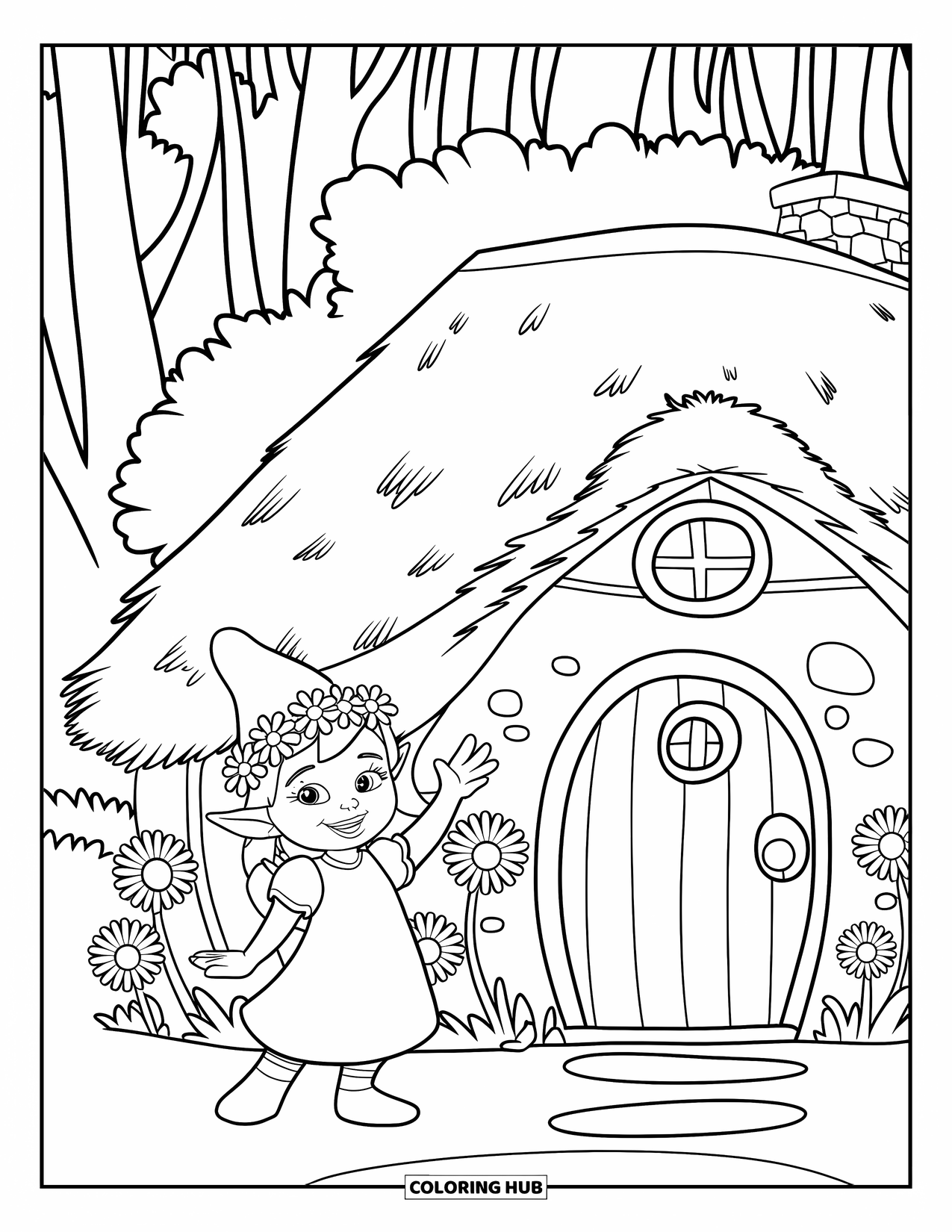 Girl Gnome Coloring Page for Kids: A gnome girl in a flower crown greets visitors from her cottage garden