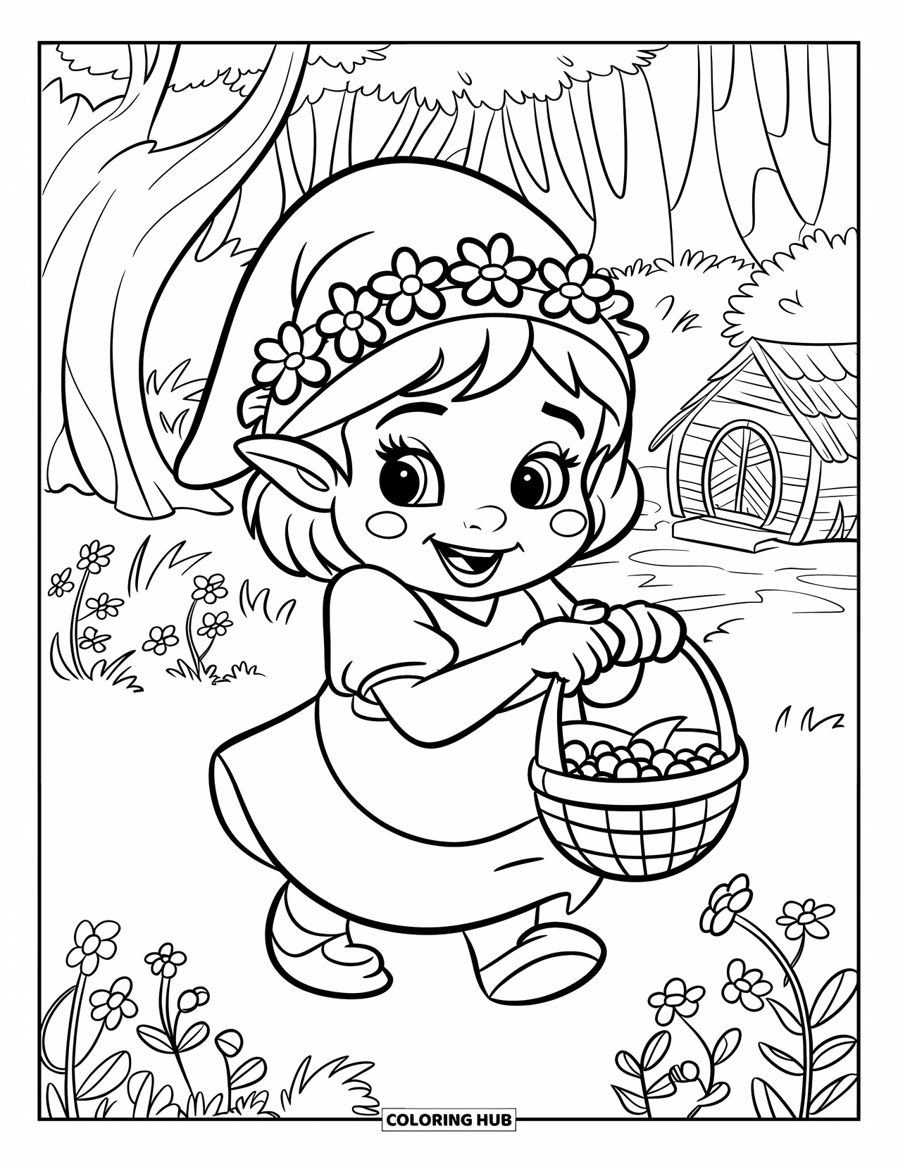 Girl Gnome Coloring Page for Kids: A gnome girl in a flower crown picks berries in a quiet woodland clearing