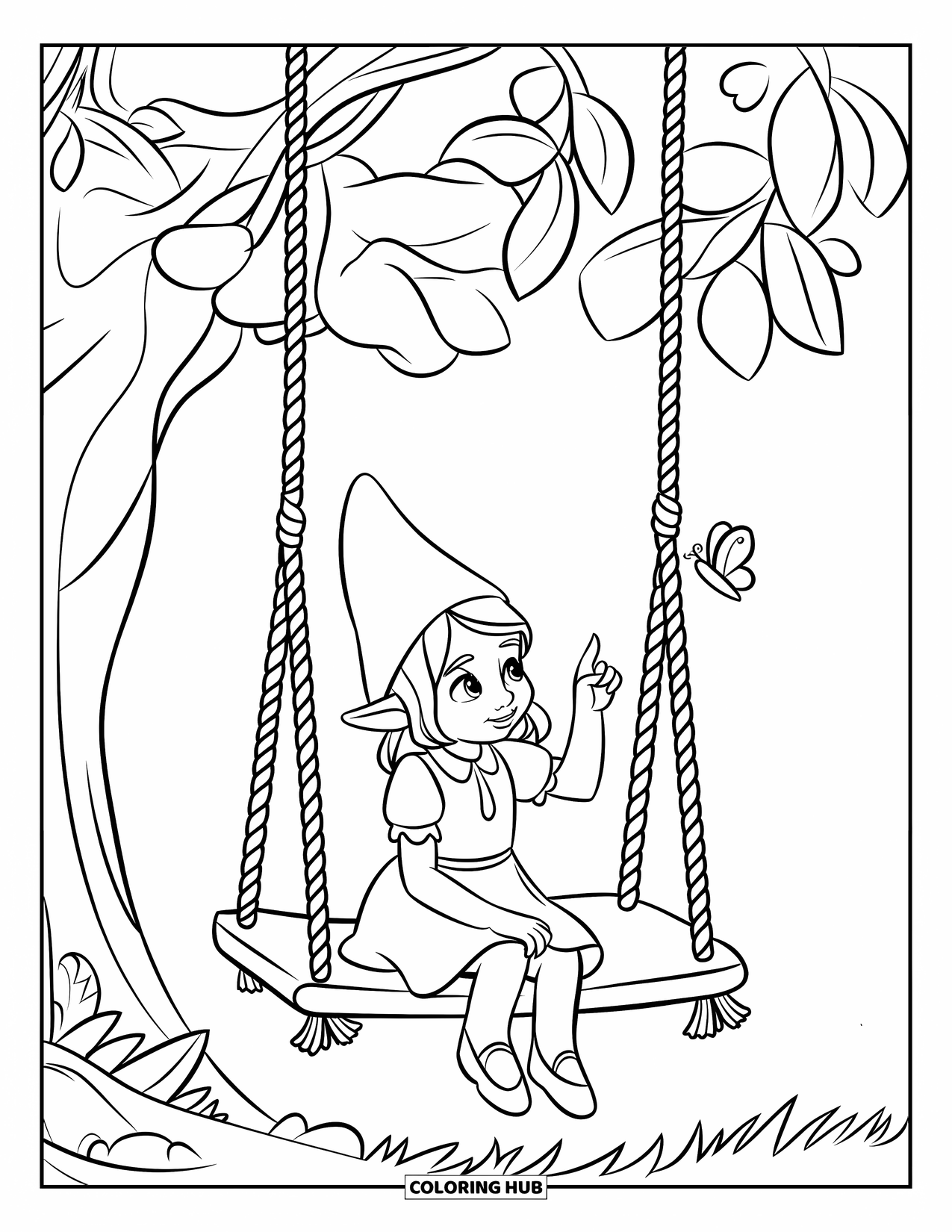 Girl Gnome Coloring Page for Kids: A gnome girl in a green dress swings under a shady tree, admiring a butterfly