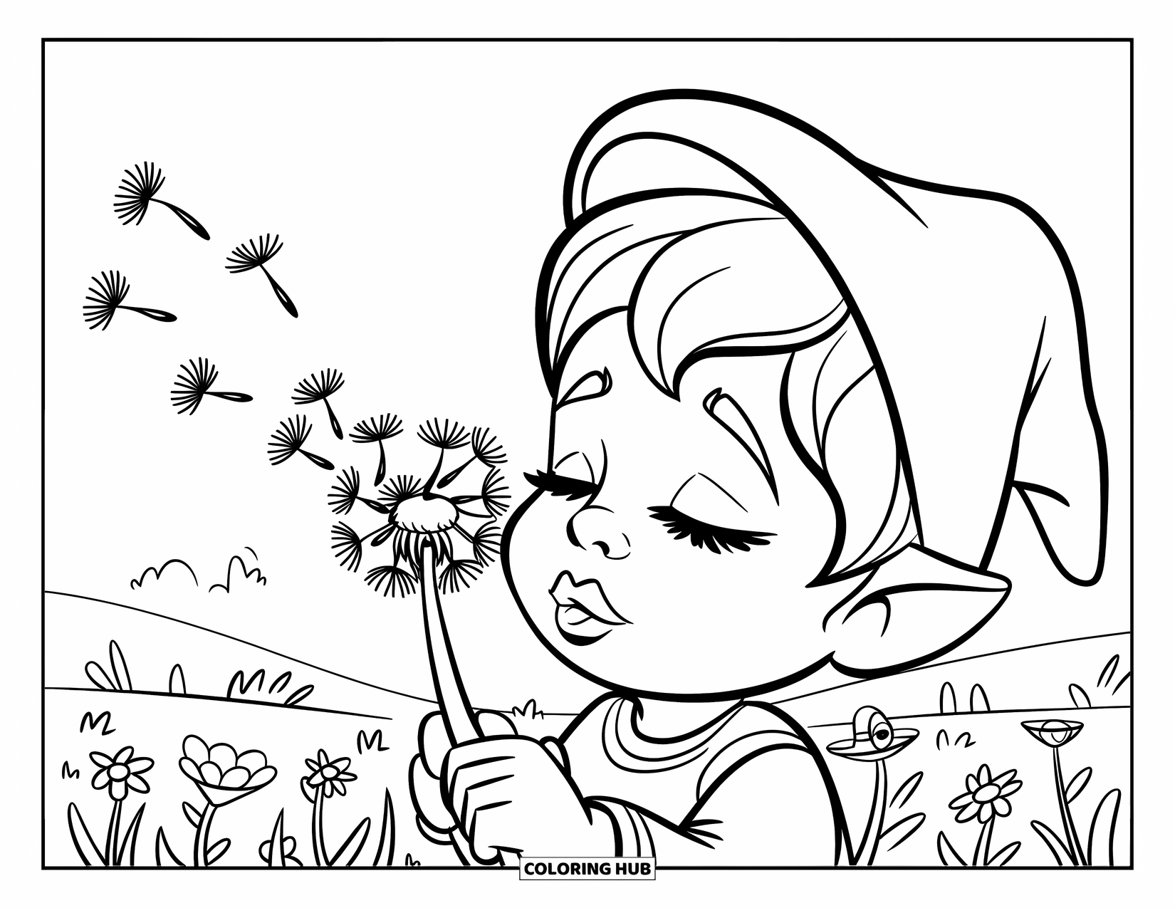 Girl Gnome Coloring Page for Kids: A gnome girl in a green hat sends dandelion seeds floating into the air