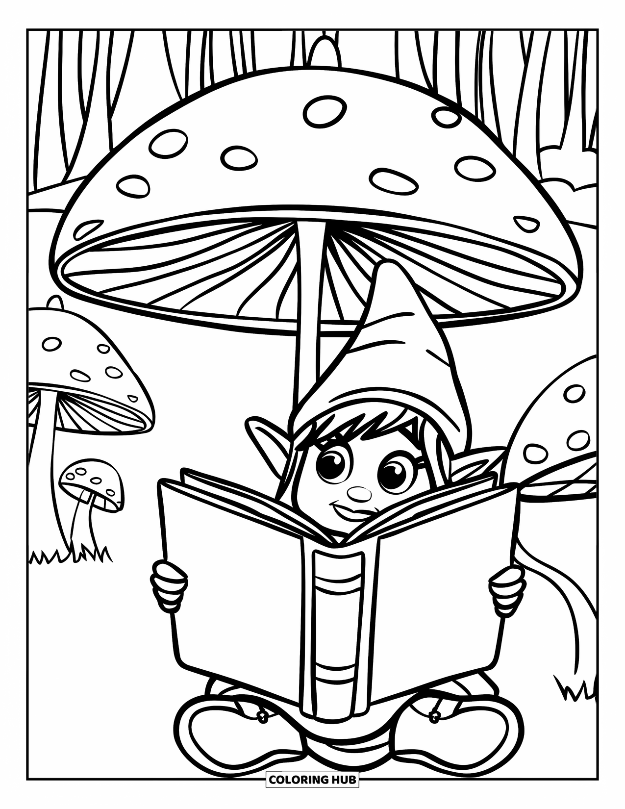 Girl Gnome Coloring Page for Kids: A gnome girl in a red hat sits under a giant mushroom, reading a big book