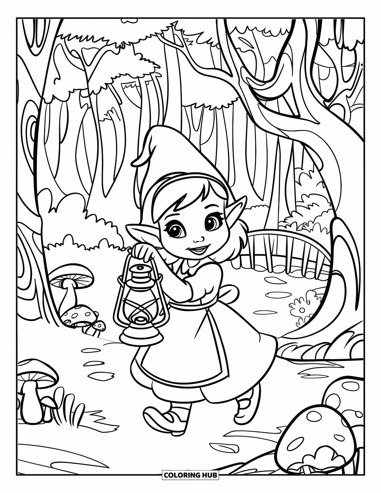 Girl Gnome Coloring Page for Kids: A gnome girl in a red headband wanders through an enchanted forest with a lantern