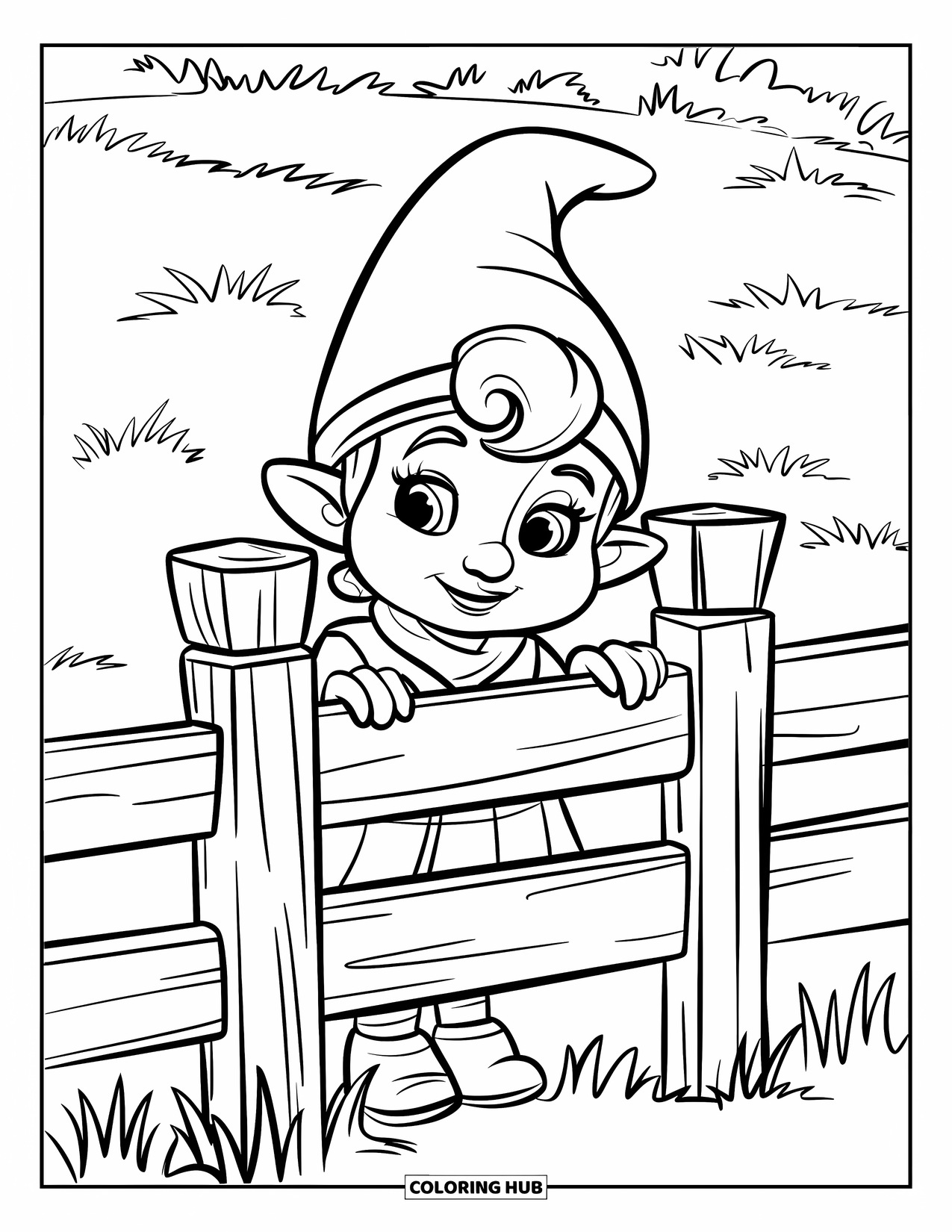 Girl Gnome Coloring Page for Kids: A gnome girl in a red scarf curiously peeks from behind a wooden fence