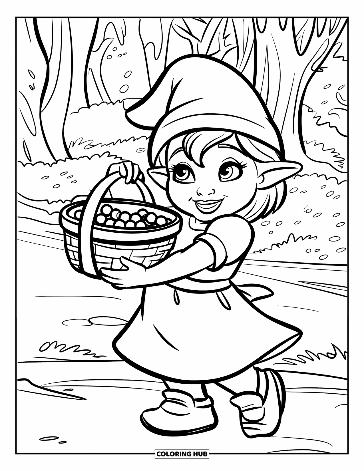 Girl Gnome Coloring Page for Kids: A gnome girl in a yellow hat proudly holds up a basket of berries